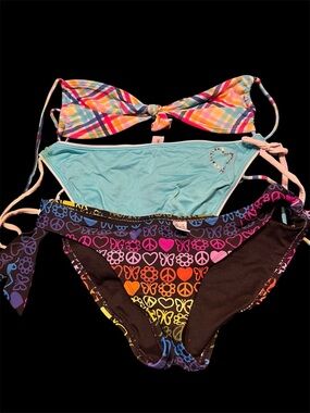 Colorful Mix Bikini Set - Plaid Top + Aqua & Rainbow Bottoms